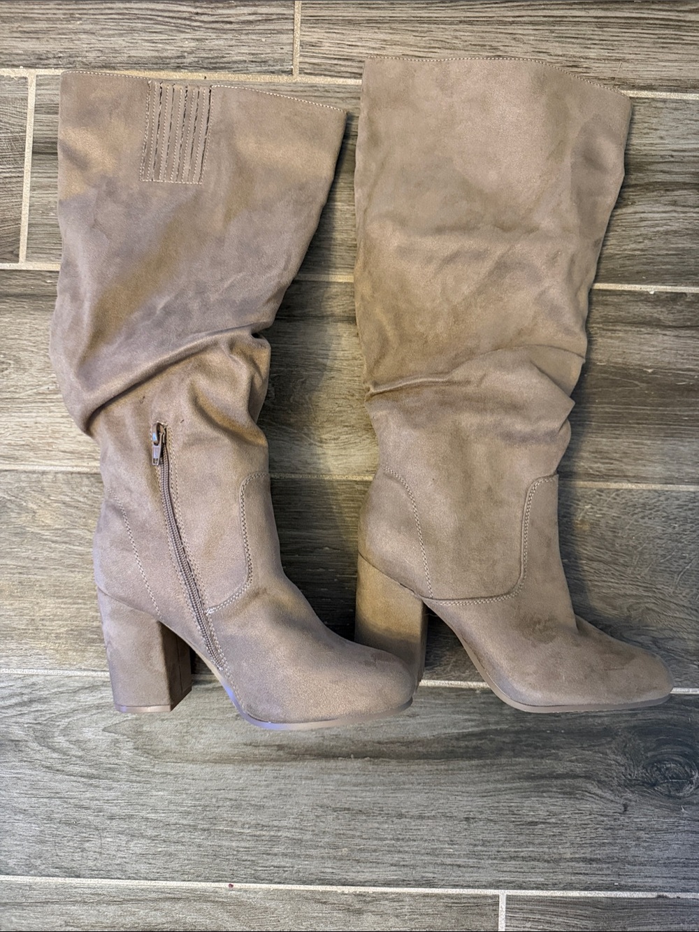 JustFab Taupe Slouch Block Heel Knee Boots
